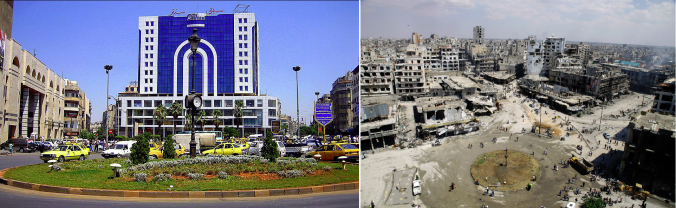 The Old Clock Square in Hom, Syria. Left - Before the war. Right - The ruins of the war.