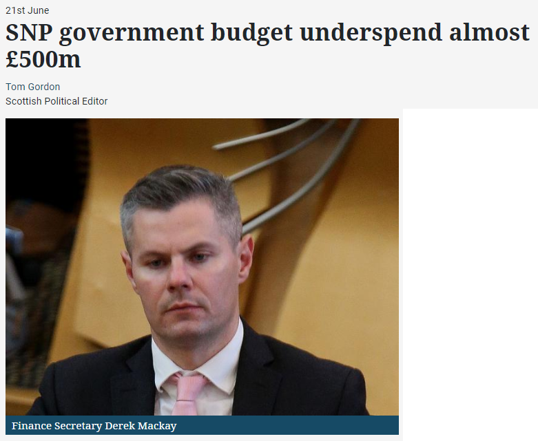 A screengrab of the Herald article on the budget underspend. Headline "SNP government budget underspend almost £500 million"