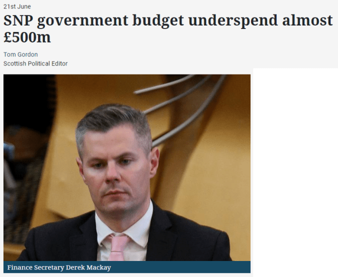 A screengrab of the Herald article on the budget underspend. Headline "SNP government budget underspend almost £500 million"