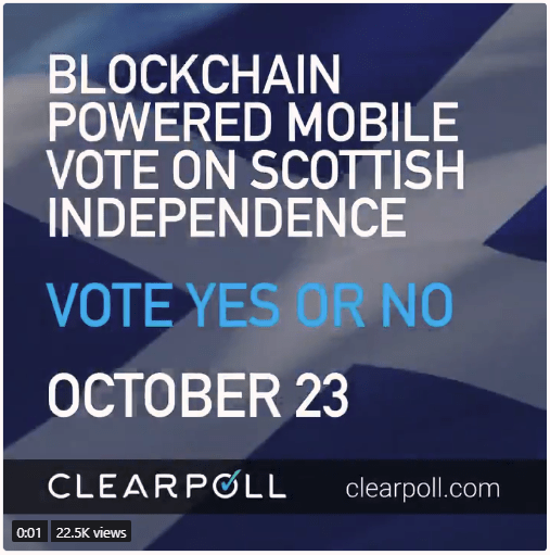 An advert by Clearpoll for a "blockchain powered mobile vote on Scottish independence" on October 23rd.