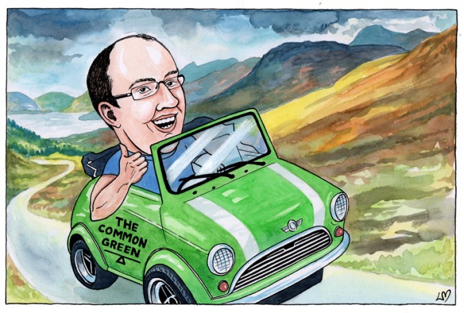 A caricature of Craig Dalzell driving an open topped mini through the Scottish Highlands.