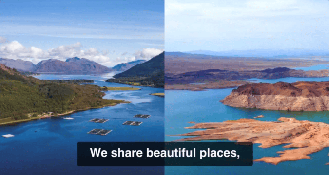 A juxtaposition of Scotland (Loch Leven) and the USA (Lake Mead) and the slogan "we share beautiful places"