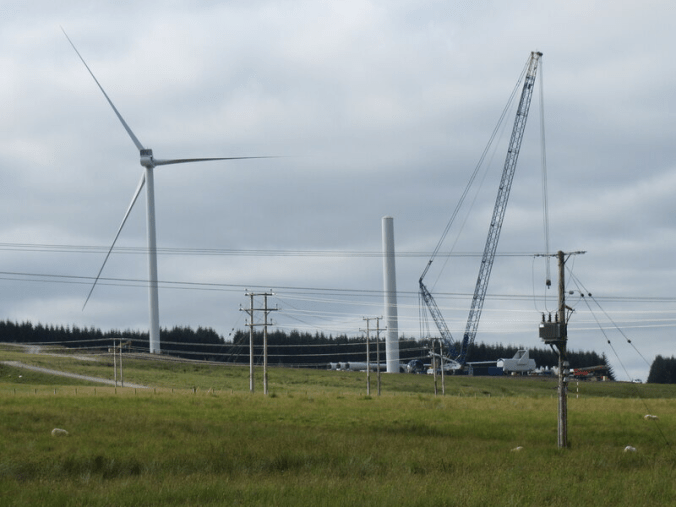 A photo of construction works at Hagshaw Hill wind farm during an extension to the development