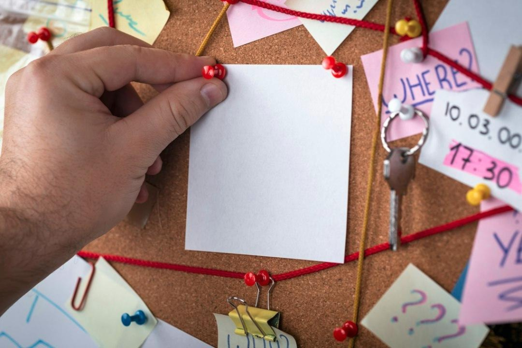 A pinboard containing various notes connected by red threads. The focus in the centre is a new note being pinned to the board. It is blank and not connected to the surrounding notes.