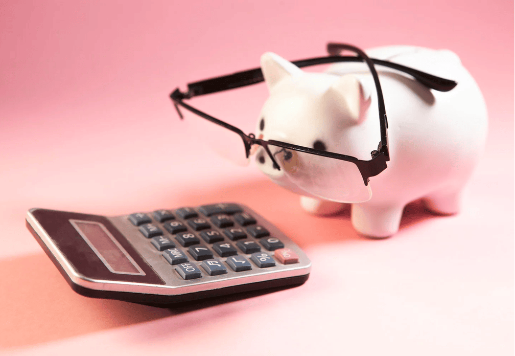 A pink piggy-bank wearing glasses and staring at a calculator